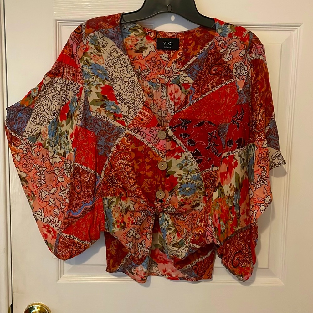 Vici Against All Offs Patchwork Button Down Kimon… - image 1